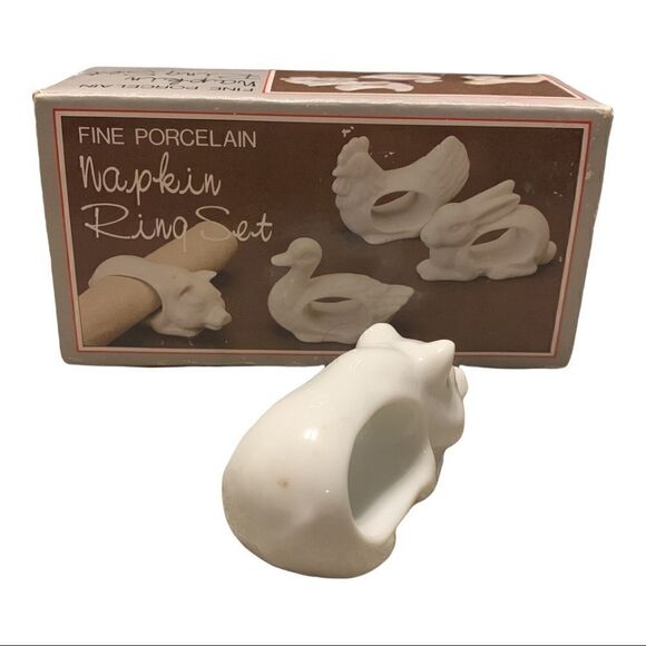 Farmhouse Napkin Rings White Porcelain Animals Pig Rabbit Hen Duck Japan Vintage - Picture 5 of 9